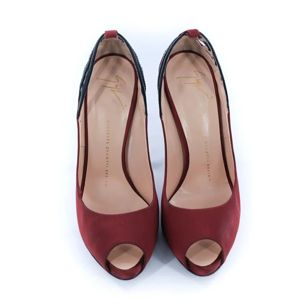 GIUSEPPE ZANOTTI Burgundy Caged Satin Peep Toe Pumps Heels